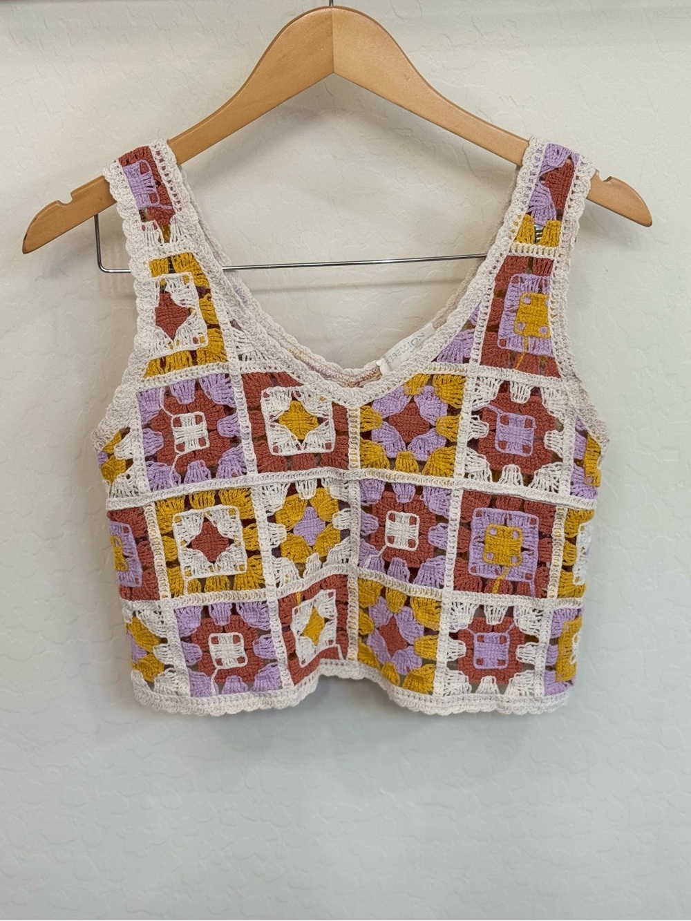 Rebellion Again Crochet Granny Square Patchwork Crop Tank Top M Boho Retro